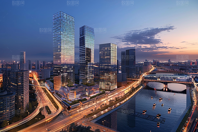 城市航拍流光溢彩建筑摄影图