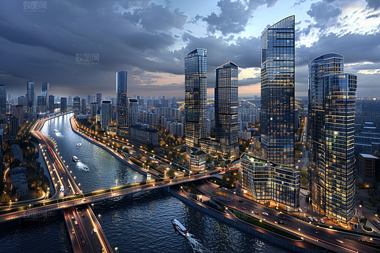城市航拍俯拍流光溢彩摄影图