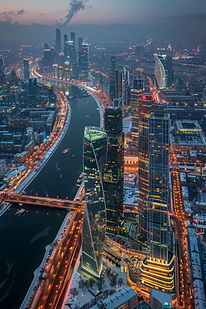 城市航拍高楼大厦流光溢彩摄影图