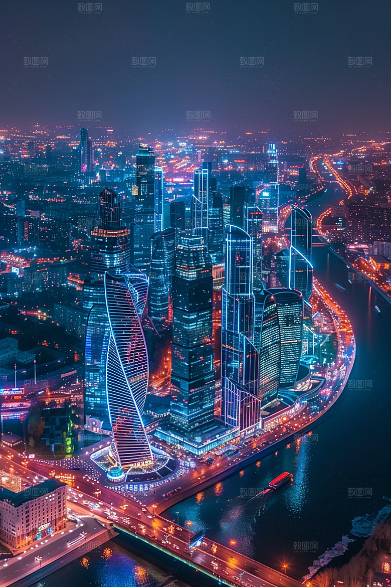 城市航拍流光溢彩摩登都市摄影图