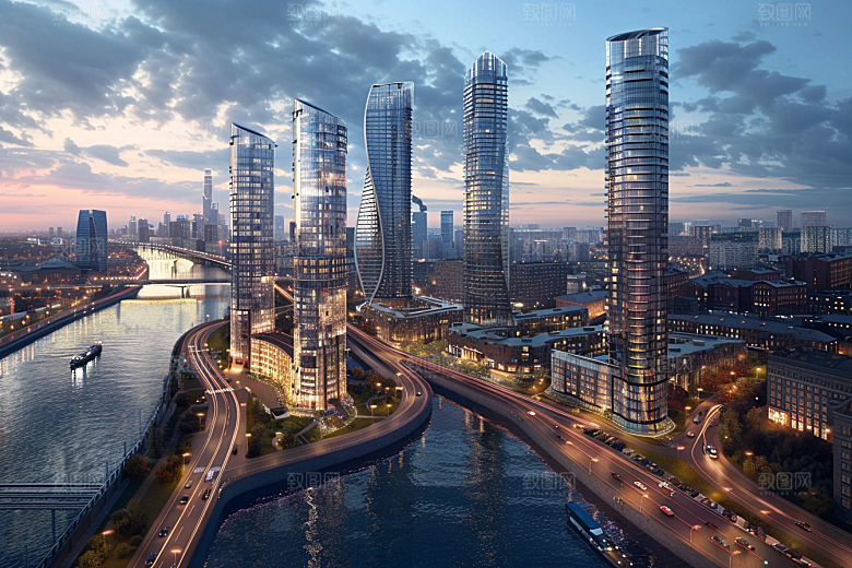 城市航拍流光溢彩建筑摄影图