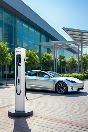 新能源充电桩绿色能源汽车摄影图