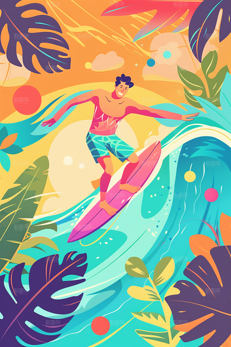 扁平风冲浪休闲运动插画