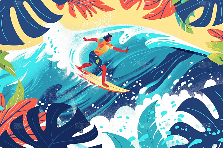 扁平风冲浪水上运动夏天插画