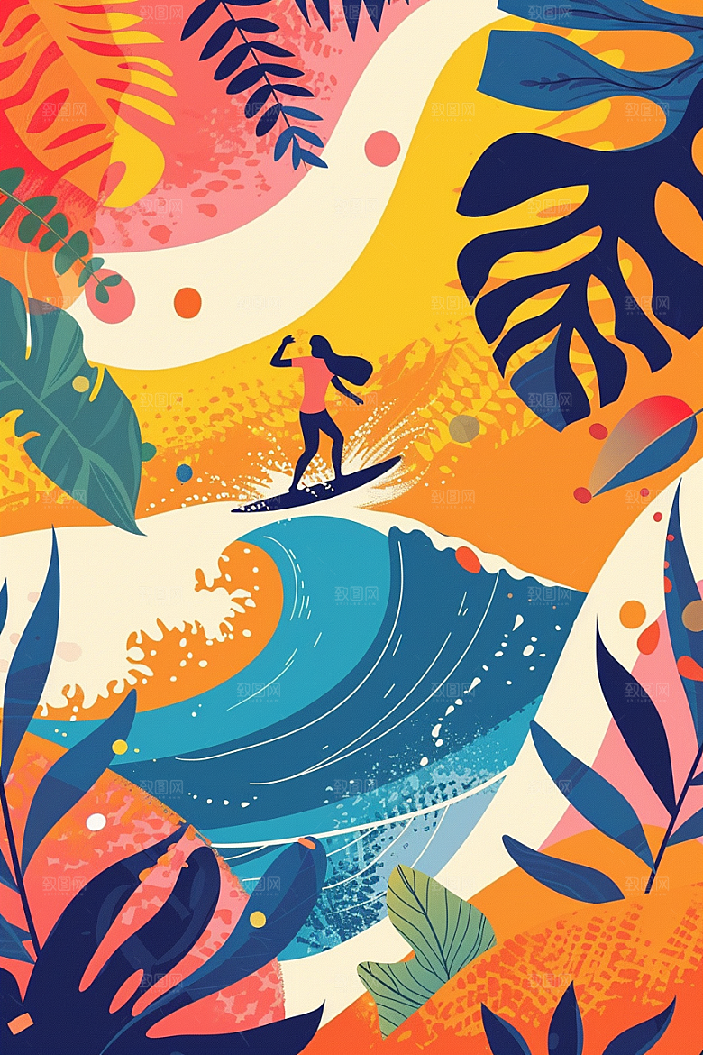 扁平风冲浪海浪夏季插画