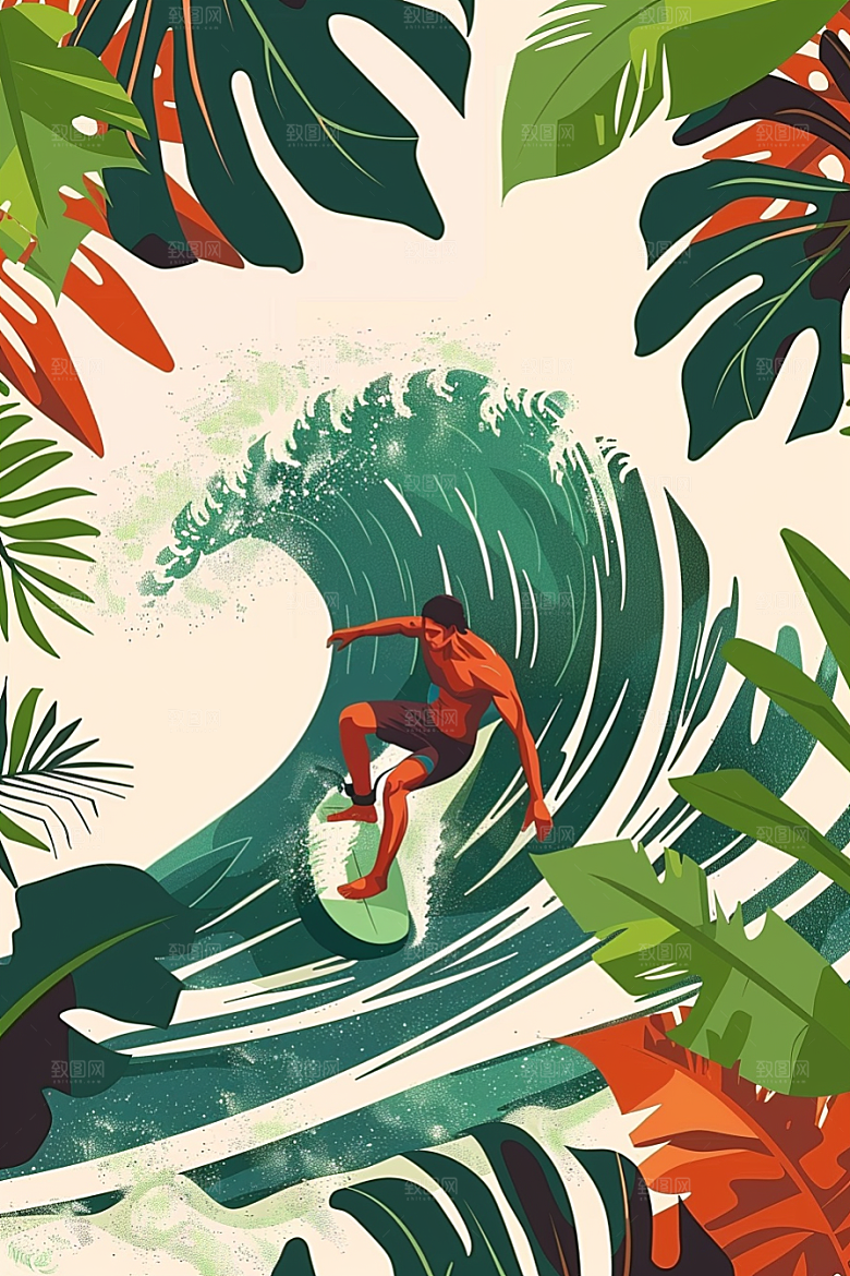 扁平风冲浪水上运动海浪插画