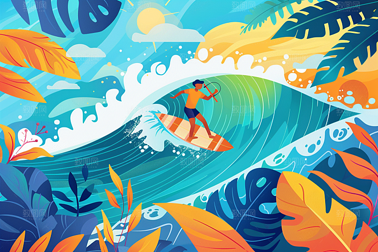 扁平风冲浪清新画报风插画