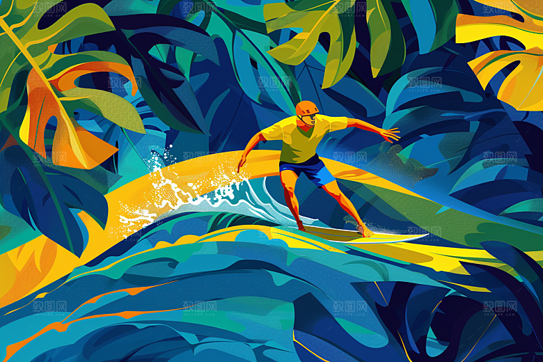 扁平风冲浪海浪玩水插画