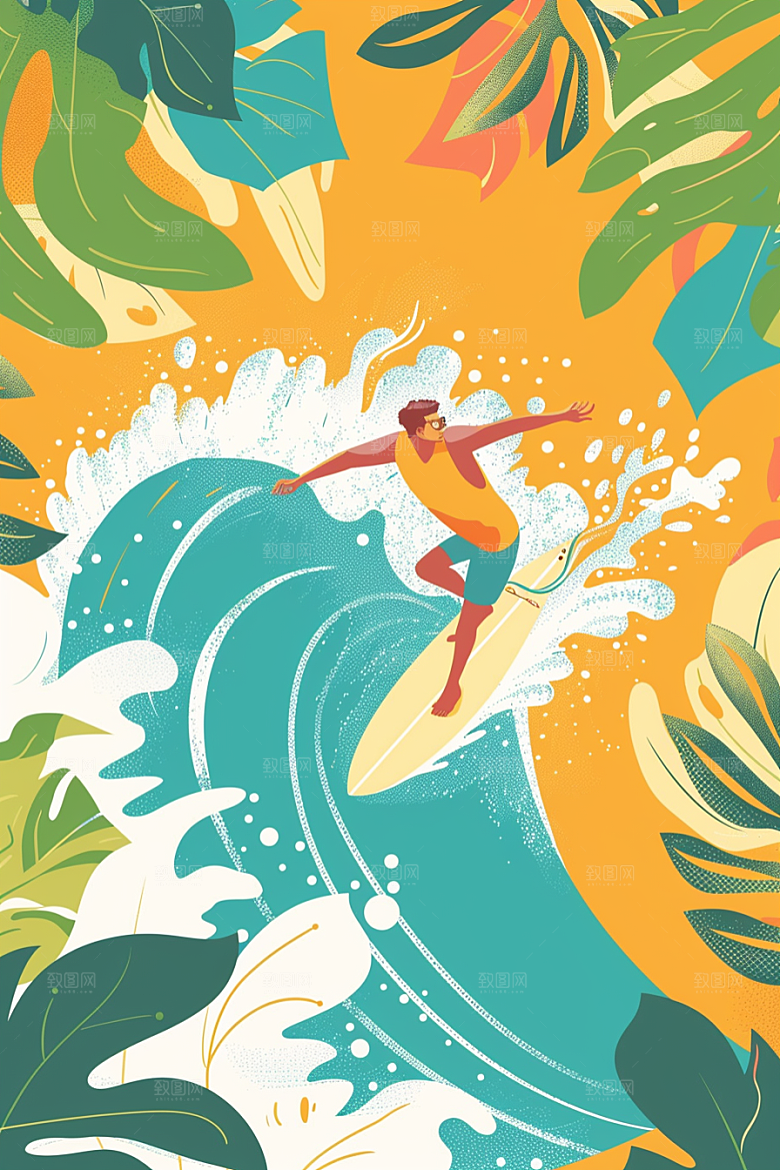 扁平风冲浪夏季戏水插画