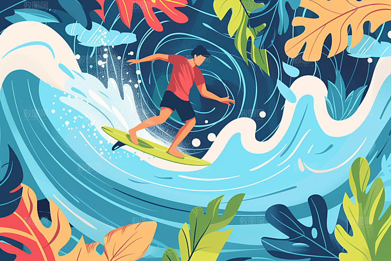 扁平风冲浪夏天清新插画