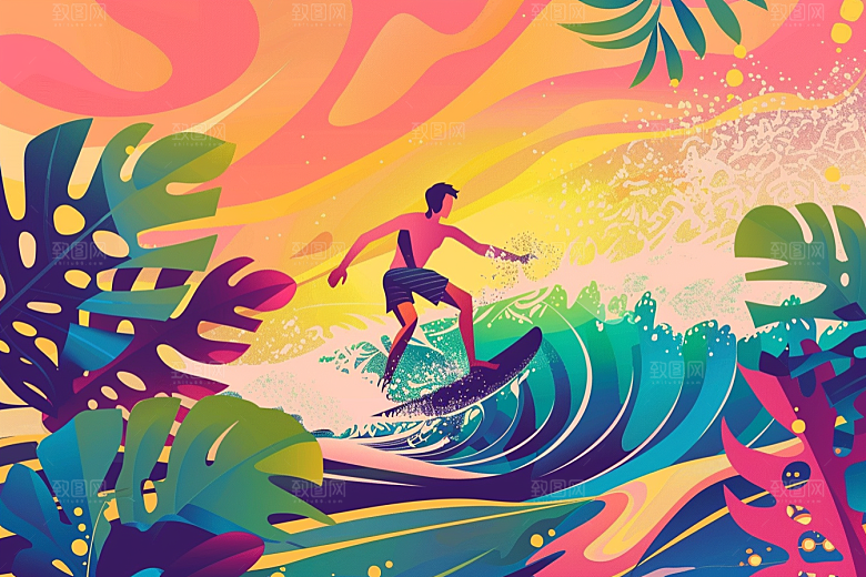 扁平风冲浪体育夏季插画