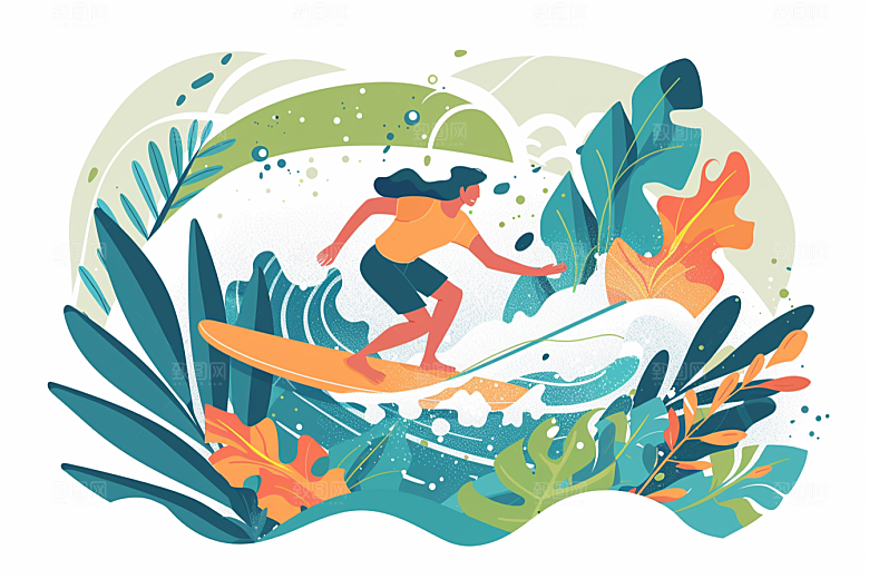 扁平风冲浪休闲海浪插画