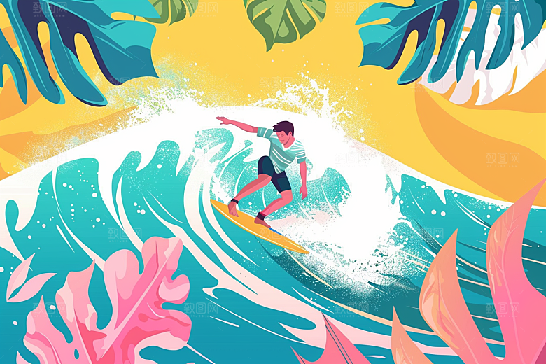 扁平风冲浪海边夏天插画
