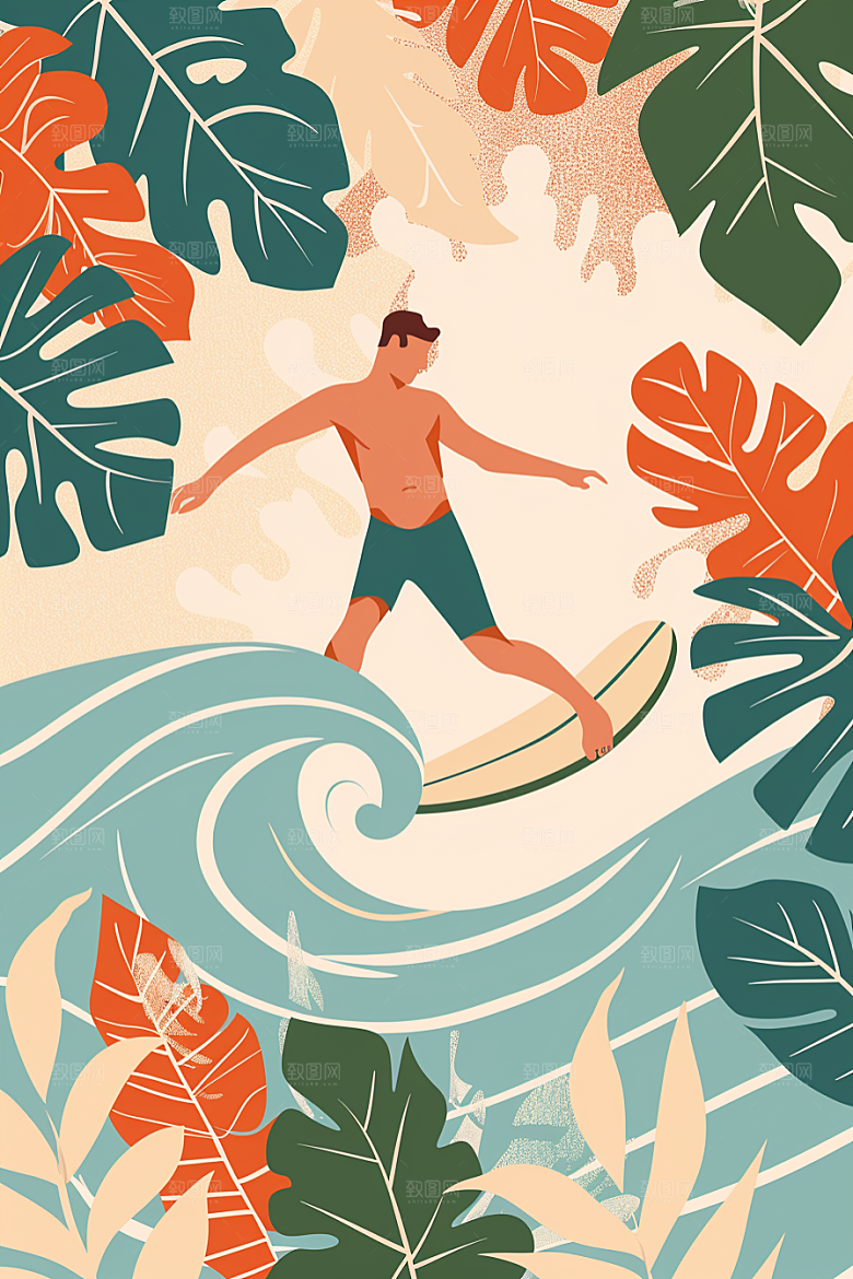 扁平风冲浪海边水上运动插画