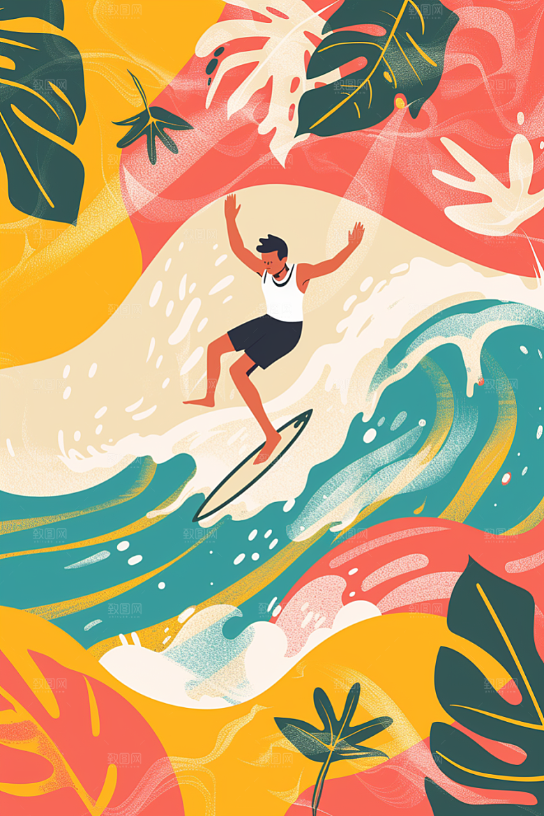 扁平风冲浪夏天彩色插画