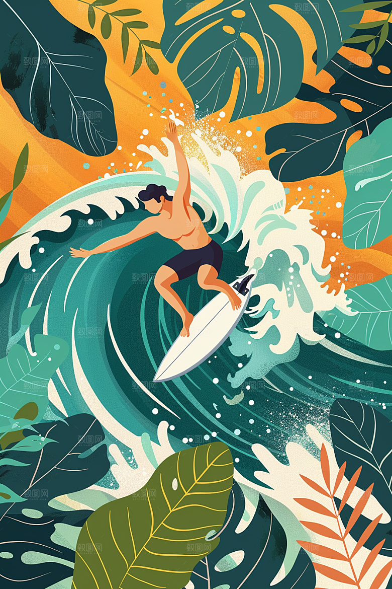 扁平风冲浪水上运动休闲插画