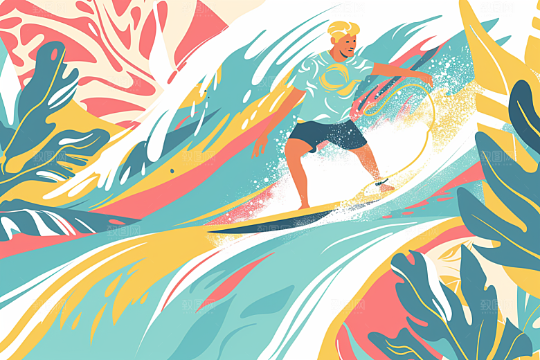 扁平风冲浪夏天休闲插画