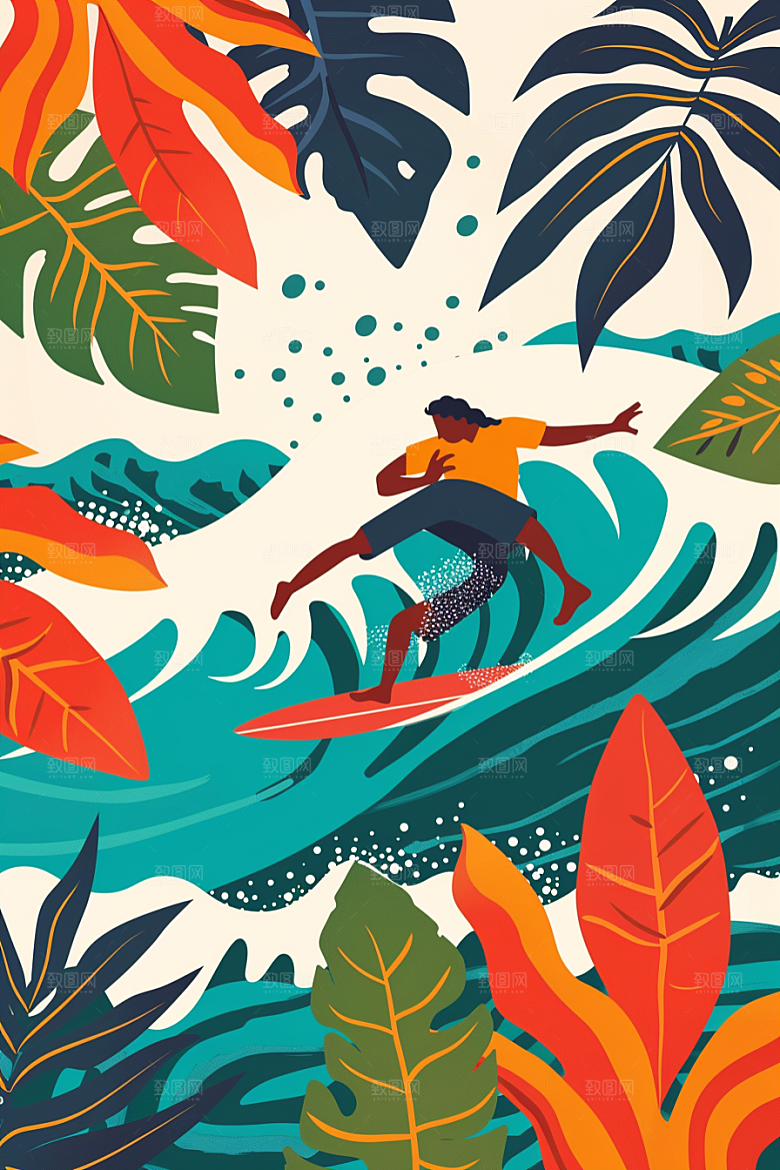 扁平风冲浪海浪水上运动插画