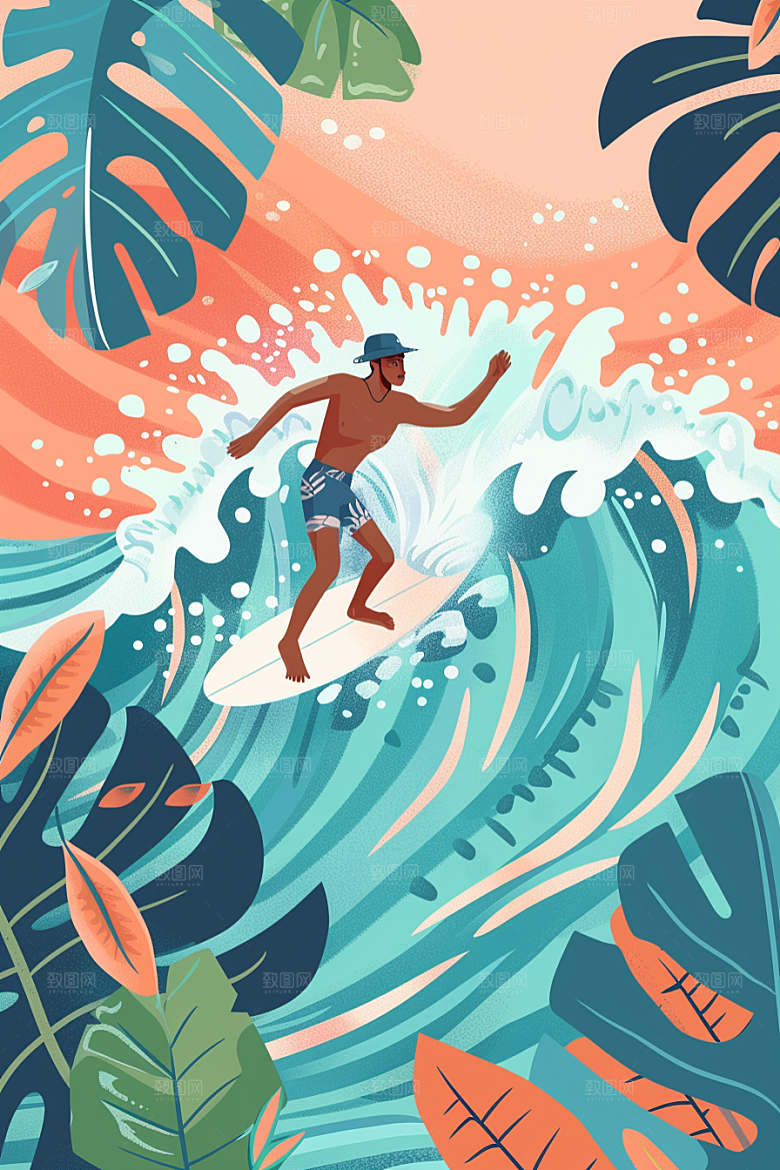 扁平风冲浪画报风海浪插画