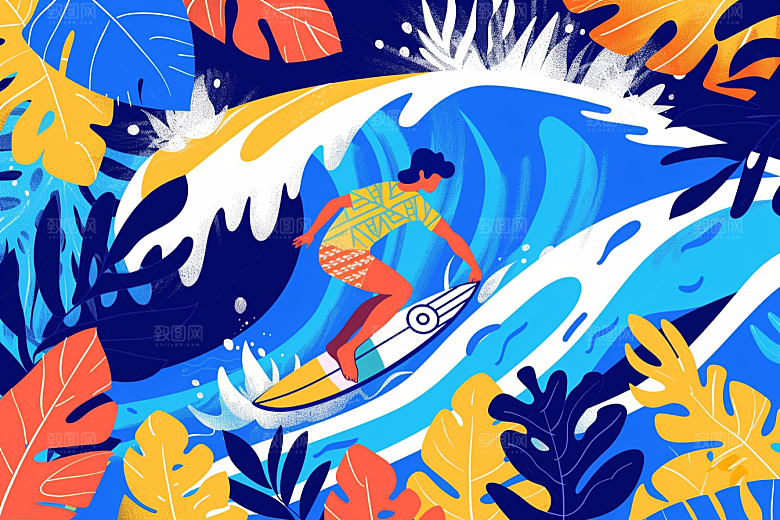 扁平风冲浪彩色夏天插画