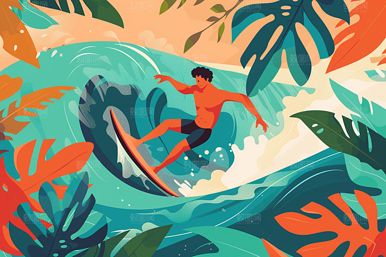 扁平风冲浪INS风海边插画