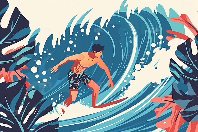 扁平风冲浪海边清新插画