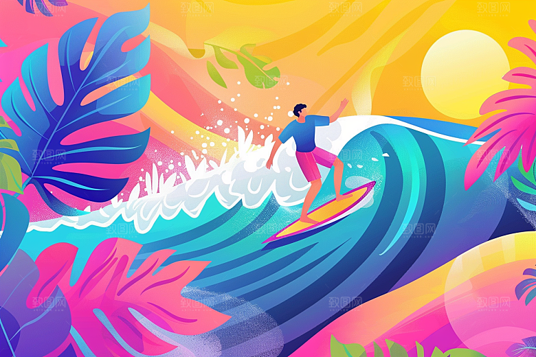 扁平风冲浪水上运动海边插画