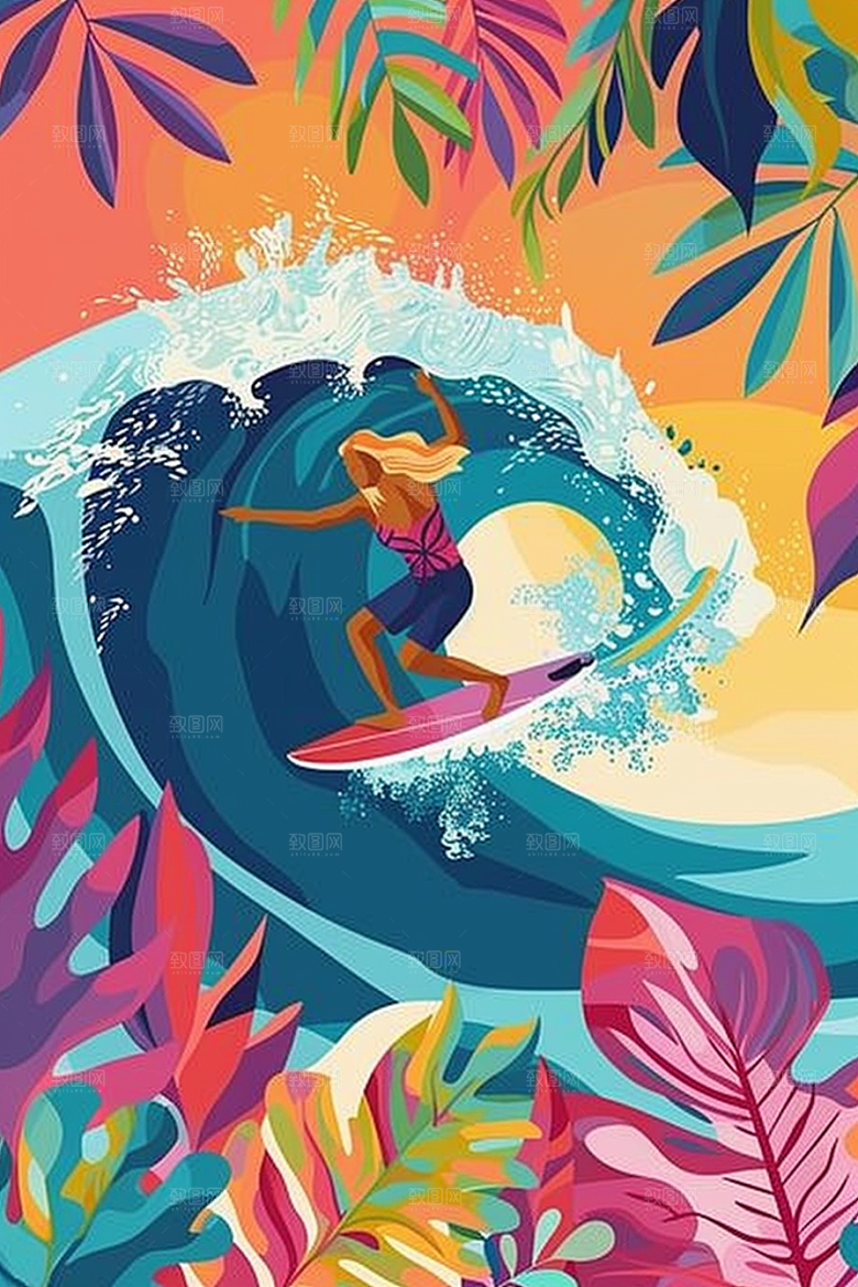 扁平风冲浪玩水画报风插画