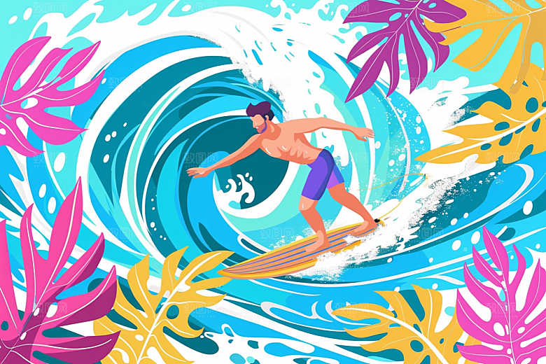 扁平风冲浪手绘玩水插画
