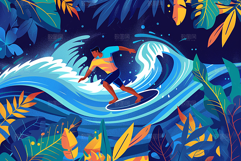 扁平风冲浪水上运动简约插画