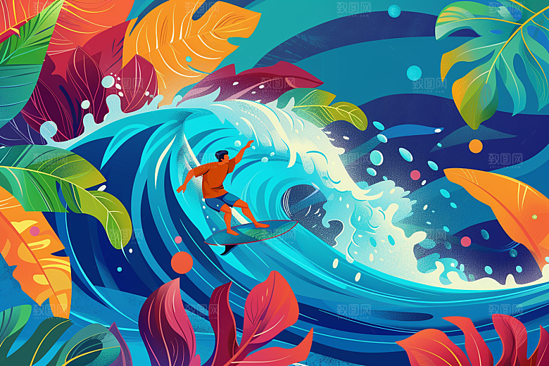 扁平风冲浪戏水简约插画