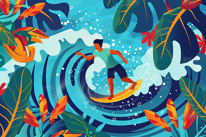 扁平风冲浪INS风玩水插画