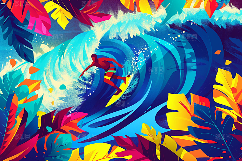 扁平风冲浪海边戏水插画