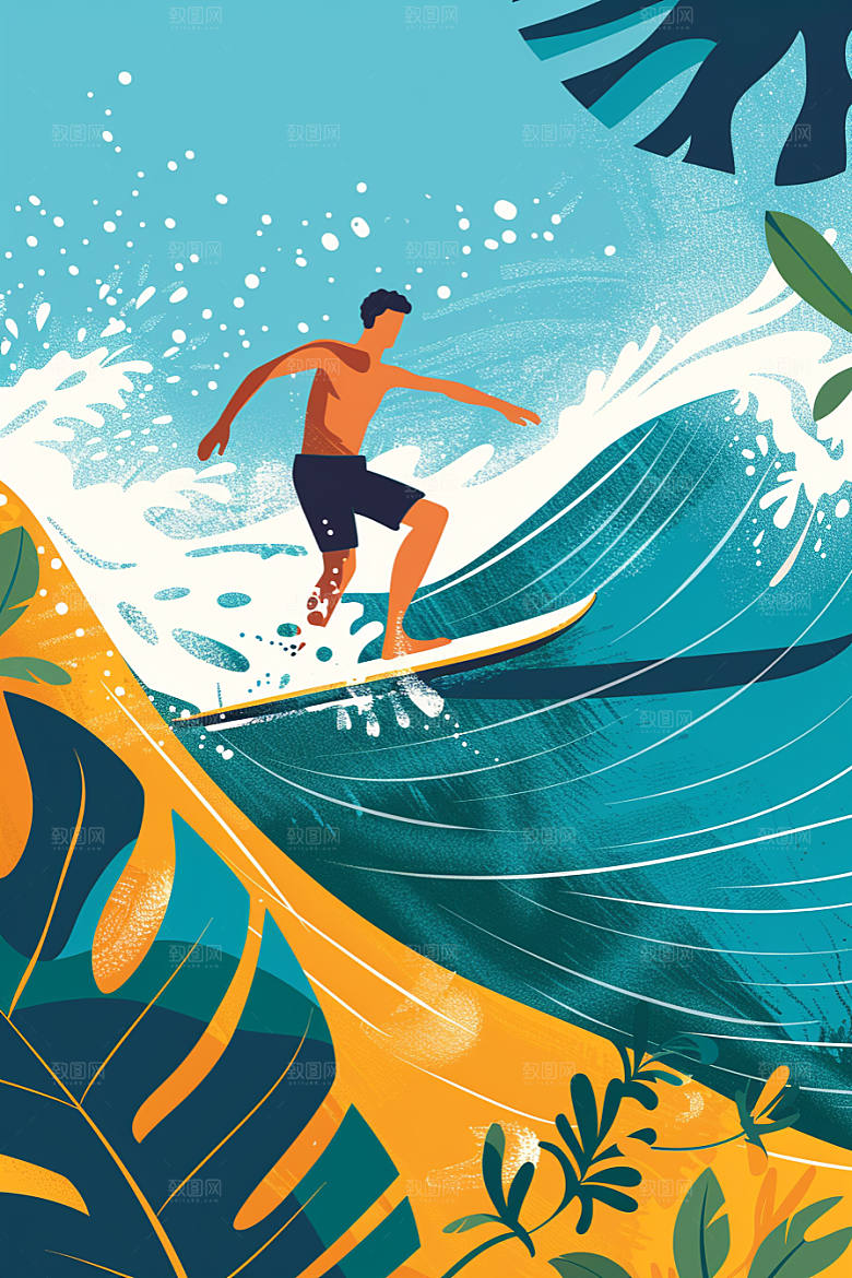 扁平风冲浪夏天画报风插画