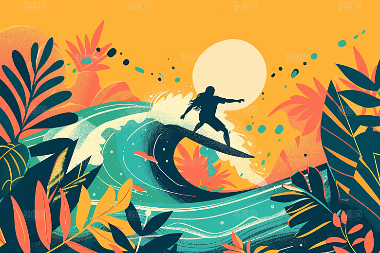 扁平风冲浪夏天玩水插画