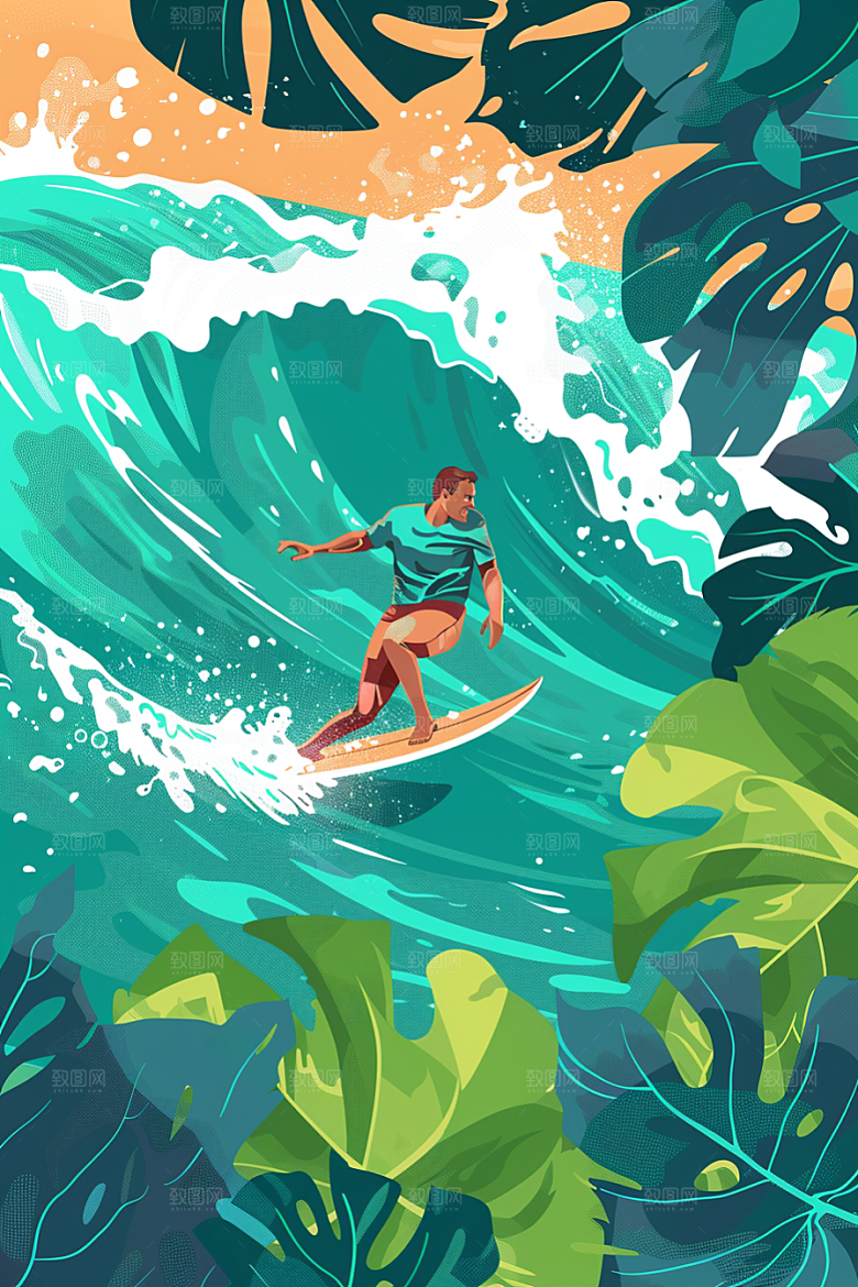 扁平风冲浪夏季水上运动插画