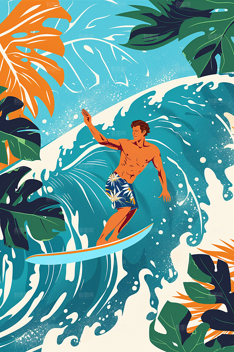扁平风冲浪清新夏天插画