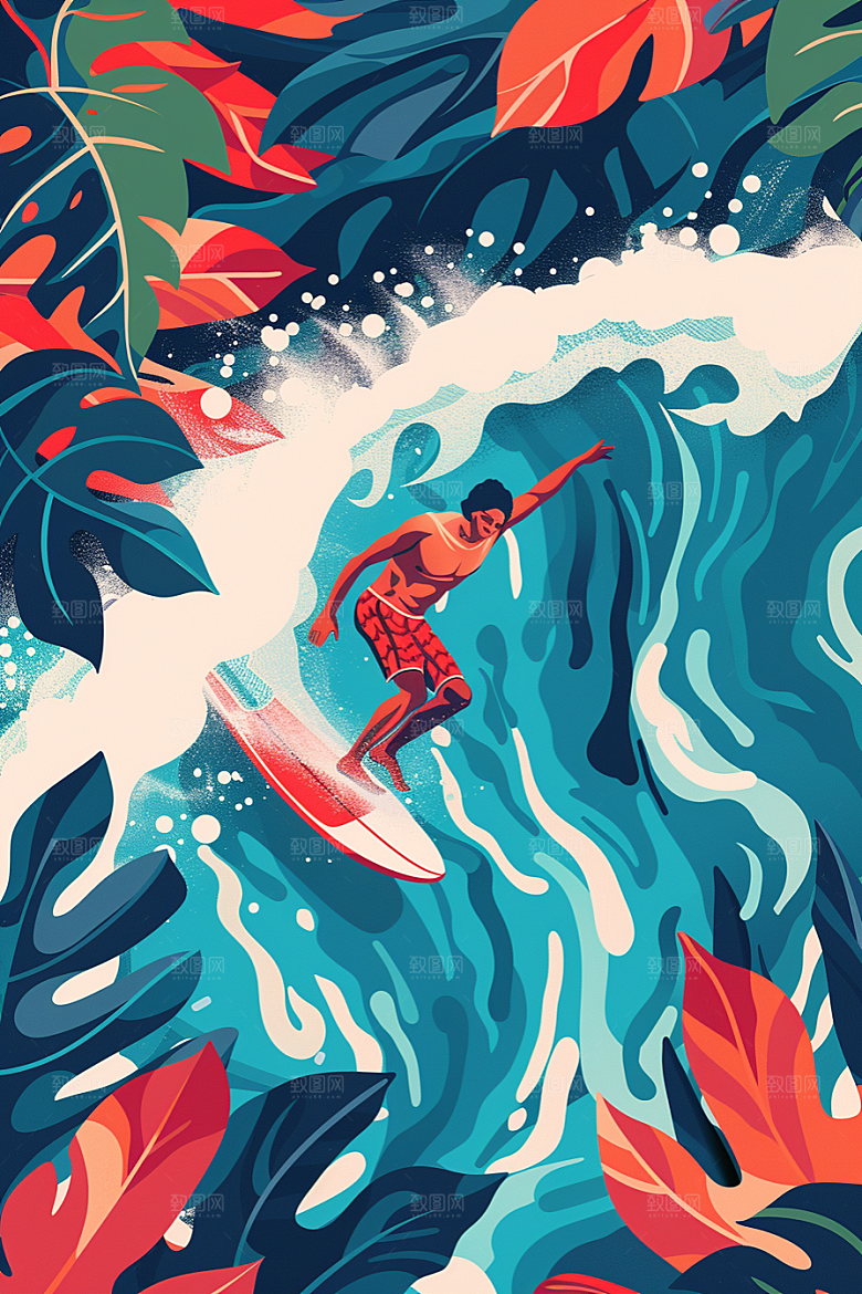 扁平风冲浪夏天玩水插画