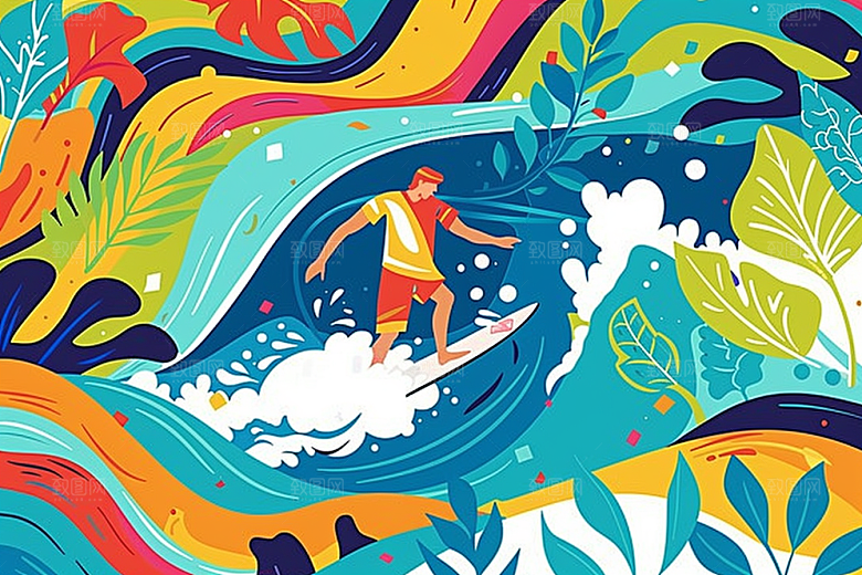 扁平风冲浪自然体育插画