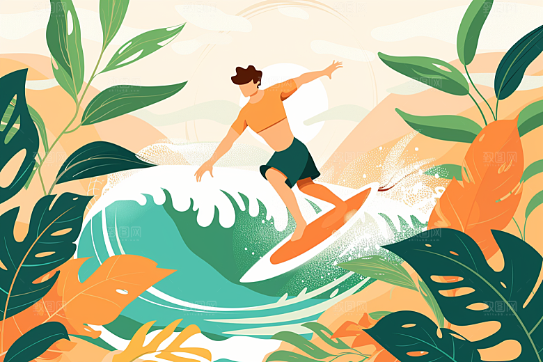 扁平风冲浪海浪运动插画