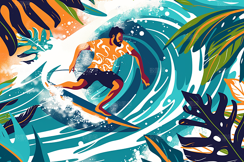 扁平风冲浪海边夏天插画