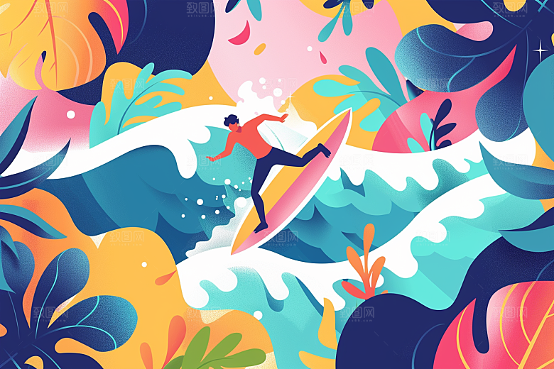 扁平风冲浪夏天画报风插画