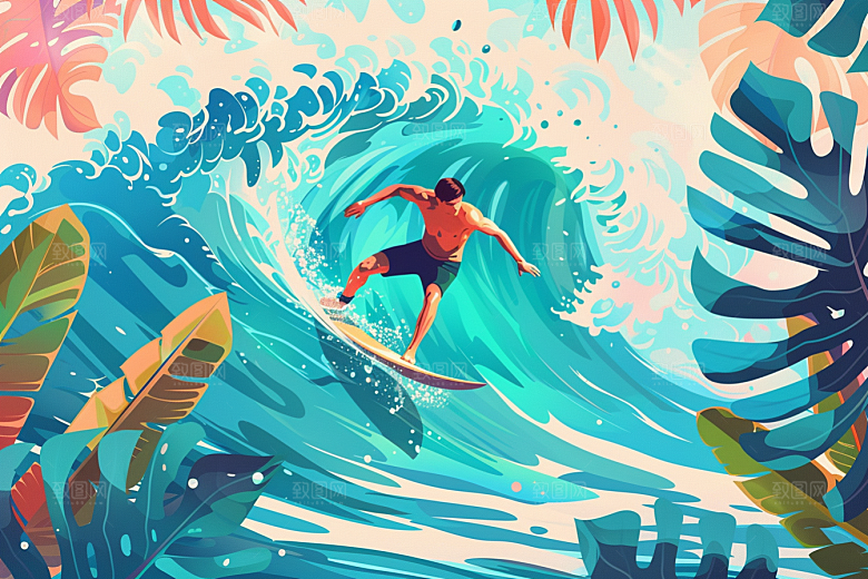 扁平风冲浪海边INS风插画