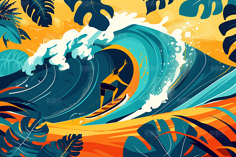 扁平风冲浪水上运动玩水插画