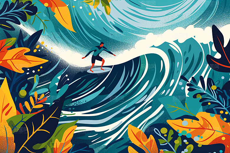 扁平风冲浪水上运动夏天插画