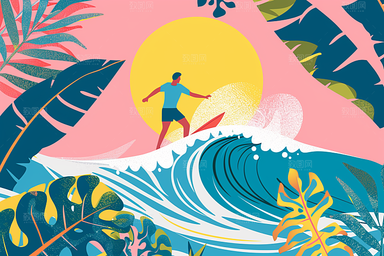 扁平风冲浪水上运动夏季插画