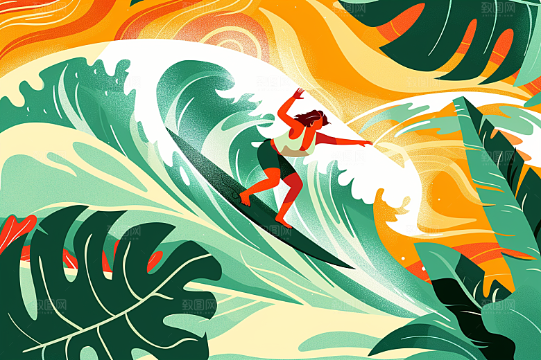 扁平风冲浪夏天玩水插画