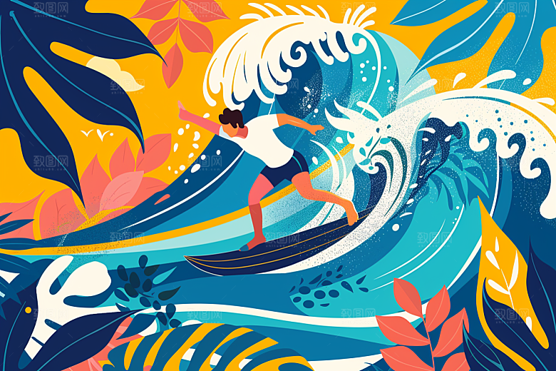 扁平风冲浪简约清新插画