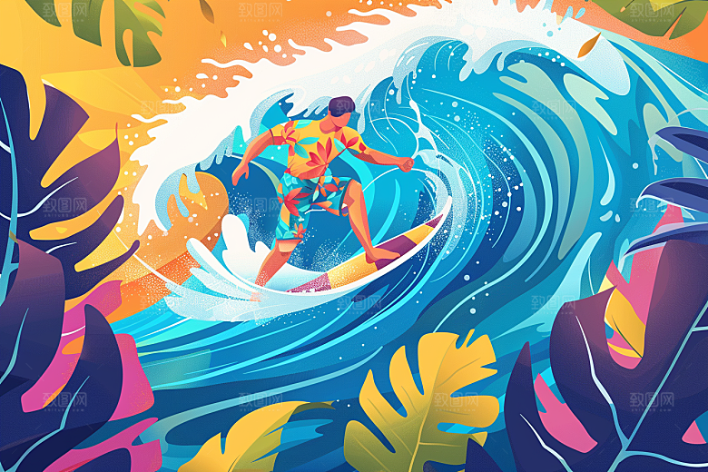 扁平风冲浪夏天休闲插画