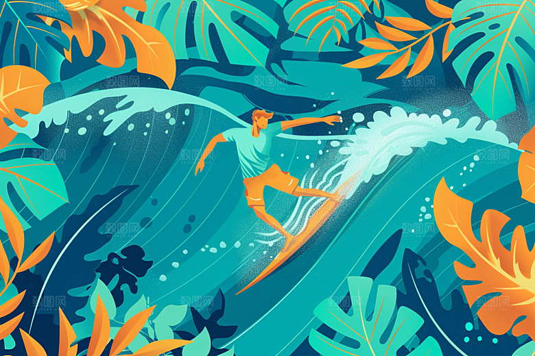 扁平风冲浪彩色戏水插画